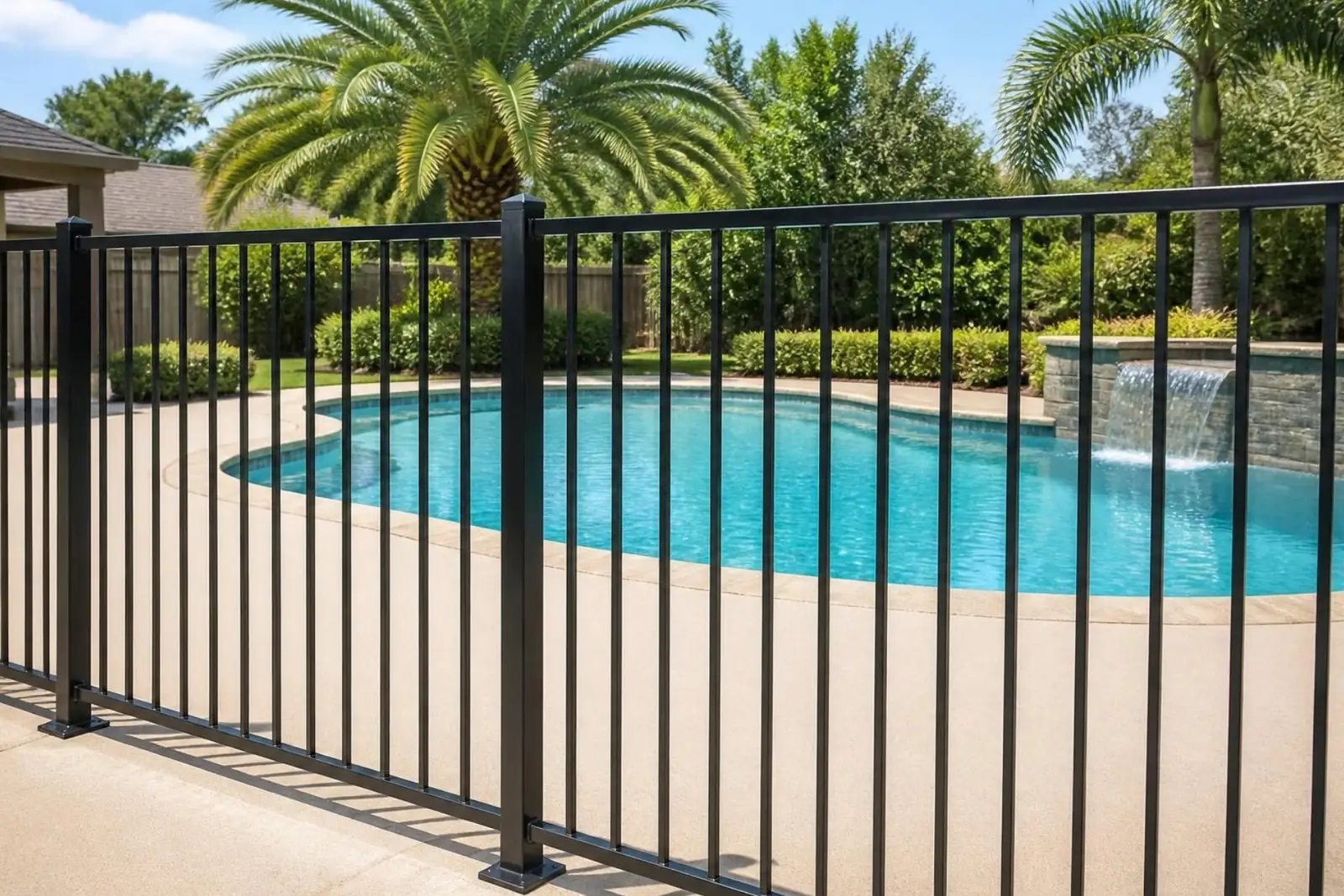 Black aluminum fence around a pool