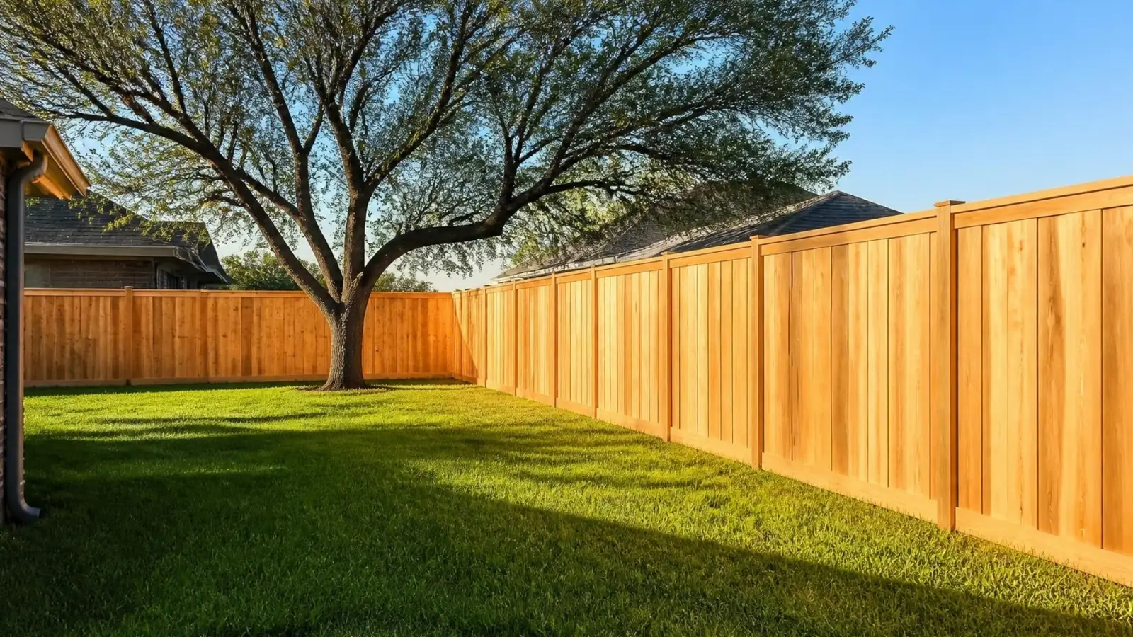 New cedar privacy fence in a Houston backyard